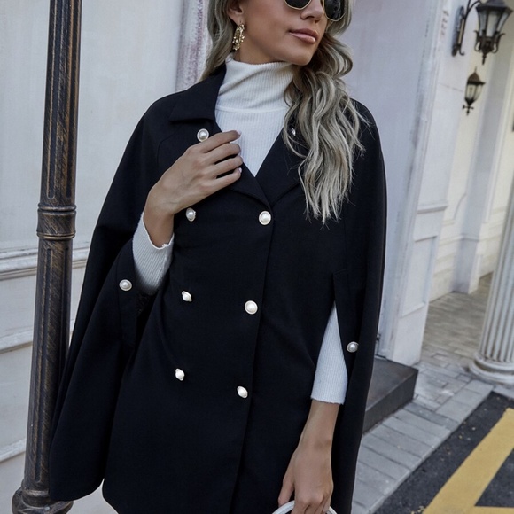 black fall cape pea coat jacket pearl button detai - Picture 4 of 7